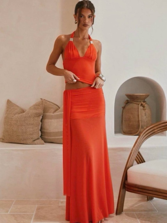 Peppermayo Dresses & Skirts - Peppermayo Sunburst Halter Maxi Dress in Bright Orange